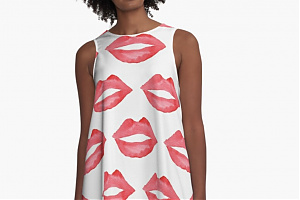 A-line dress with Red watercolor lips  - 