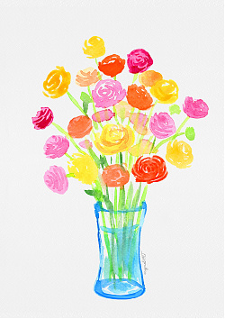 Ranunculus flower bouquet from mixed colors - watercolor artwork