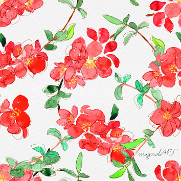 Chaenomeles twigs with watercolor and ink - seamless repeat pattern