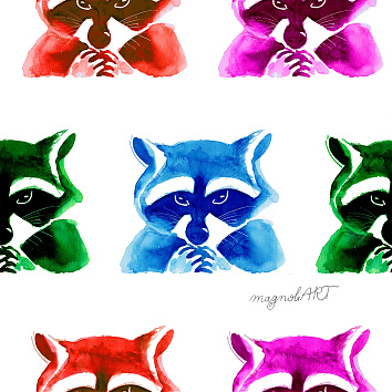 Colorful artistic raccoons - seamless repeat pattern with watercolor elements