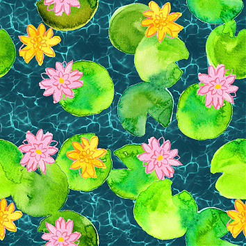 Waterlilies on the water  - seamless repeat pattern with watercolor elements