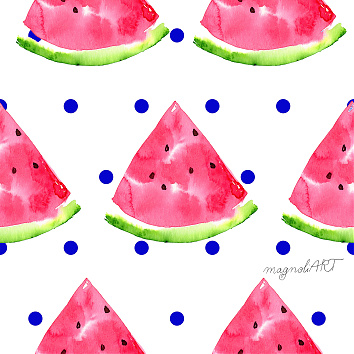 Watermelon slices with blue dots - seamless repeat pattern with watercolor elements