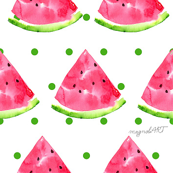 Watermelon slices with green dots - seamless repeat pattern with watercolor elements