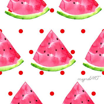 Watermelon slices with red dots - seamless repeat pattern with watercolor elements