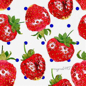 Juicy strawberries with blue dots - seamless repeat pattern with watercolor elements