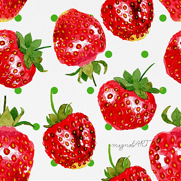 Juicy strawberries with green dots - seamless repeat pattern with watercolor elements