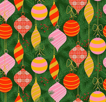 Christmas Balls with pines and berries BK22-B1 - digital seamless repeat pattern