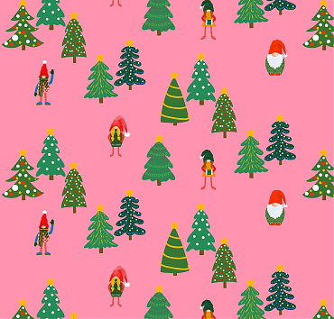 Decorated christmas trees with gnomes  pink background BK23-A11 - Scale 30%digital seamless repeat pattern