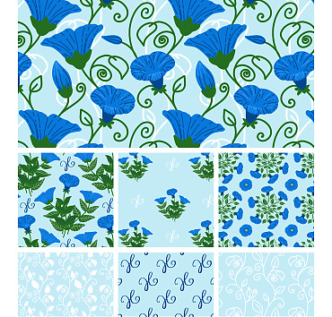 Flourishing Petunias /blue/ - seamless patterns in a collection for buying or licensing, the whole group, or a single pattern 