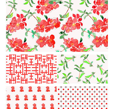 Chaenomeles collection with watercolor elements - seamless patterns in a collection for buying or licensing, the whole group, or a single pattern 