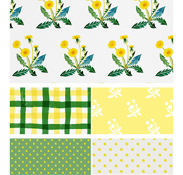 Dandelion Spring collection with watercolor elements - seamless patterns in a collection for buying or licensing, the whole group, or a single pattern 