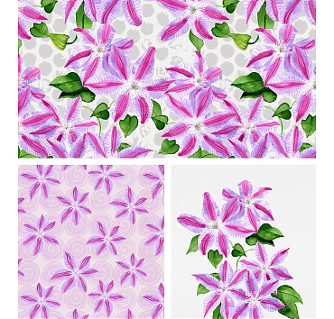 Delicate clematis flowers with watercolor elements - seamless patterns in a collection for buying or licensing, the whole group, or a single pattern 