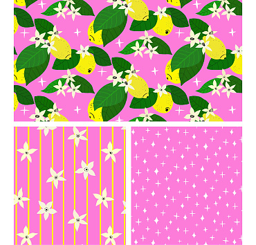 Citrus sensation with pink - hand drawn elements - seamless patterns in a collection for buying or licensing, the whole group, or a single pattern 