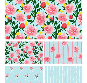Peony Symphony 2 with blue with watercolor elements - seamless patterns in a collection for buying or licensing, the whole group, or a single pattern 
