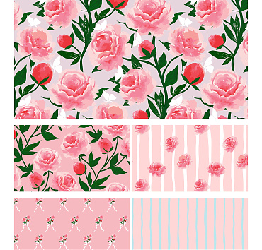 Peony Symphony with pink with watercolor elements - seamless patterns in a collection for buying or licensing, the whole group, or a single pattern 