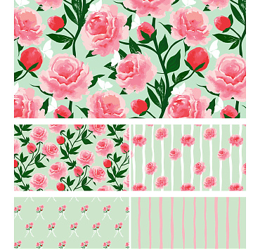Peony Symphony 3 with green with watercolor elements - seamless patterns in a collection for buying or licensing, the whole group, or a single pattern 