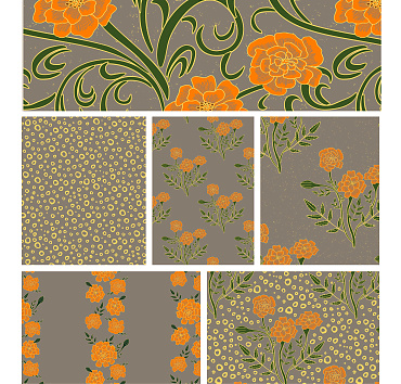 Golden Blossoms: The Marigold Pattern Collection 4 - seamless patterns in a collection for buying or licensing, the whole group, or a single pattern 