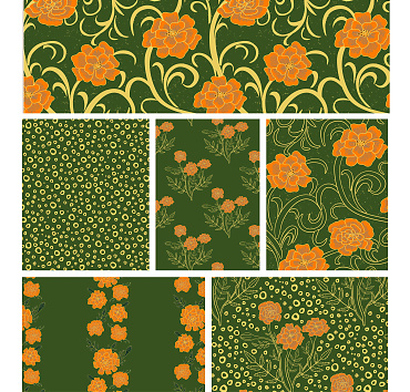 Golden Blossoms: The Marigold Pattern Collection 2 - seamless patterns in a collection for buying or licensing, the whole group, or a single pattern 